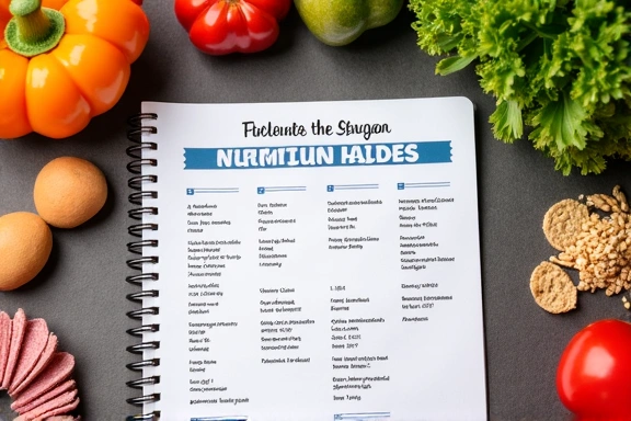 Tisch mit einem gesunden, bunten Ernährungsplan, Notizbuch und frischen Zutaten