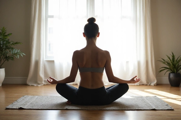 Eine Person meditiert friedlich in einem ruhigen Raum mit sanftem Licht, symbolisiert Achtsamkeit und Stressabbau.