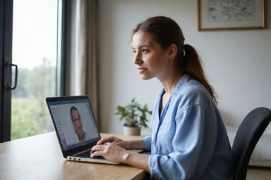 Eine Frau, die eine Online-Videoberatung auf einem Laptop führt, symbolisiert digitale Gesundheitsdienste.