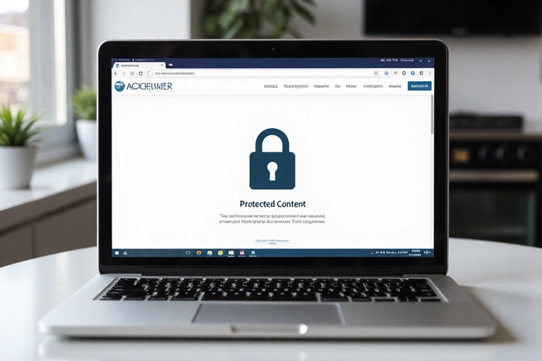 Laptop zeigt eine Webseite mit geschützten Inhalten und einem Schloss-Symbol